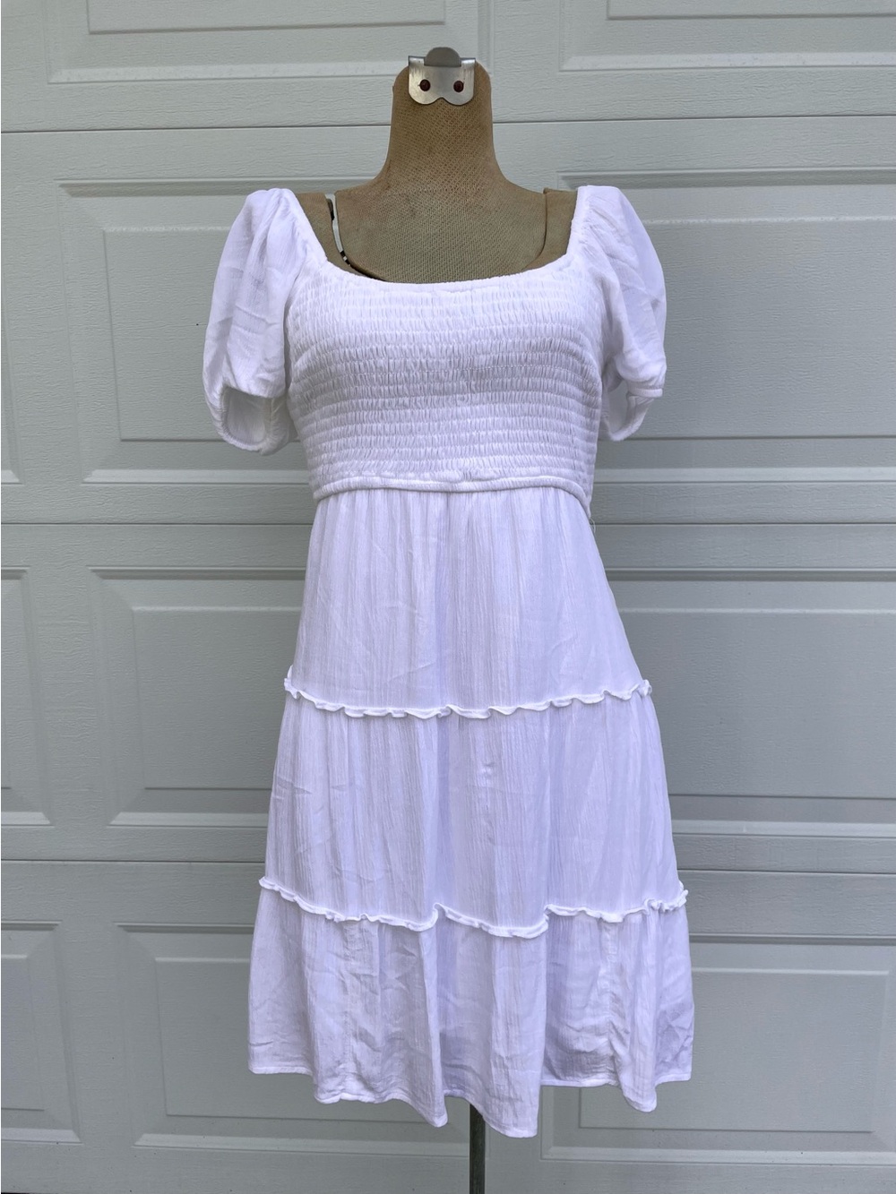Hollister White Coastal Mini Dress with Open Tie Back and Puff Sleeves.